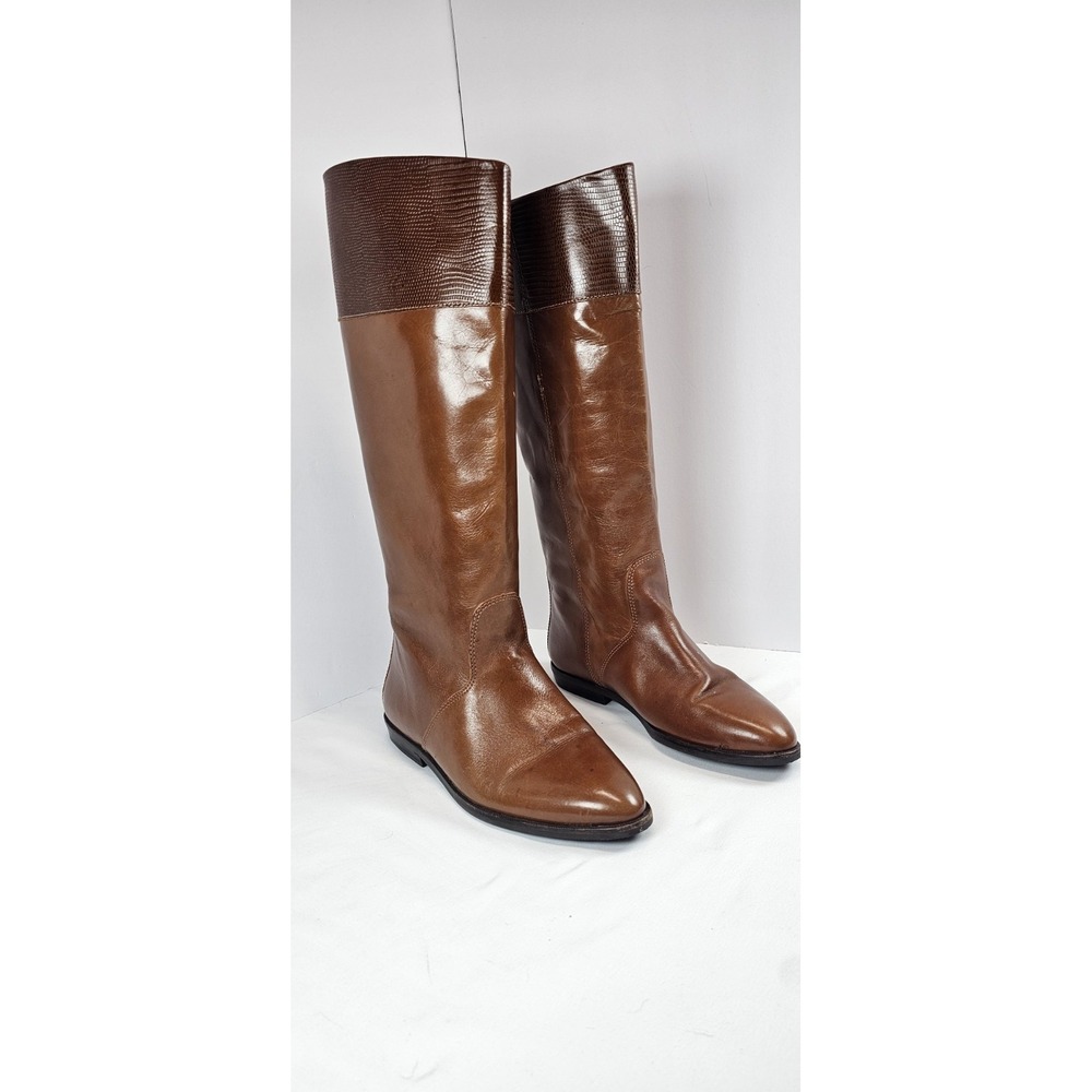 Enzo Angiolini Brown Leather Knee High Boots 8M Croc Top Riding Italy 2 Tone